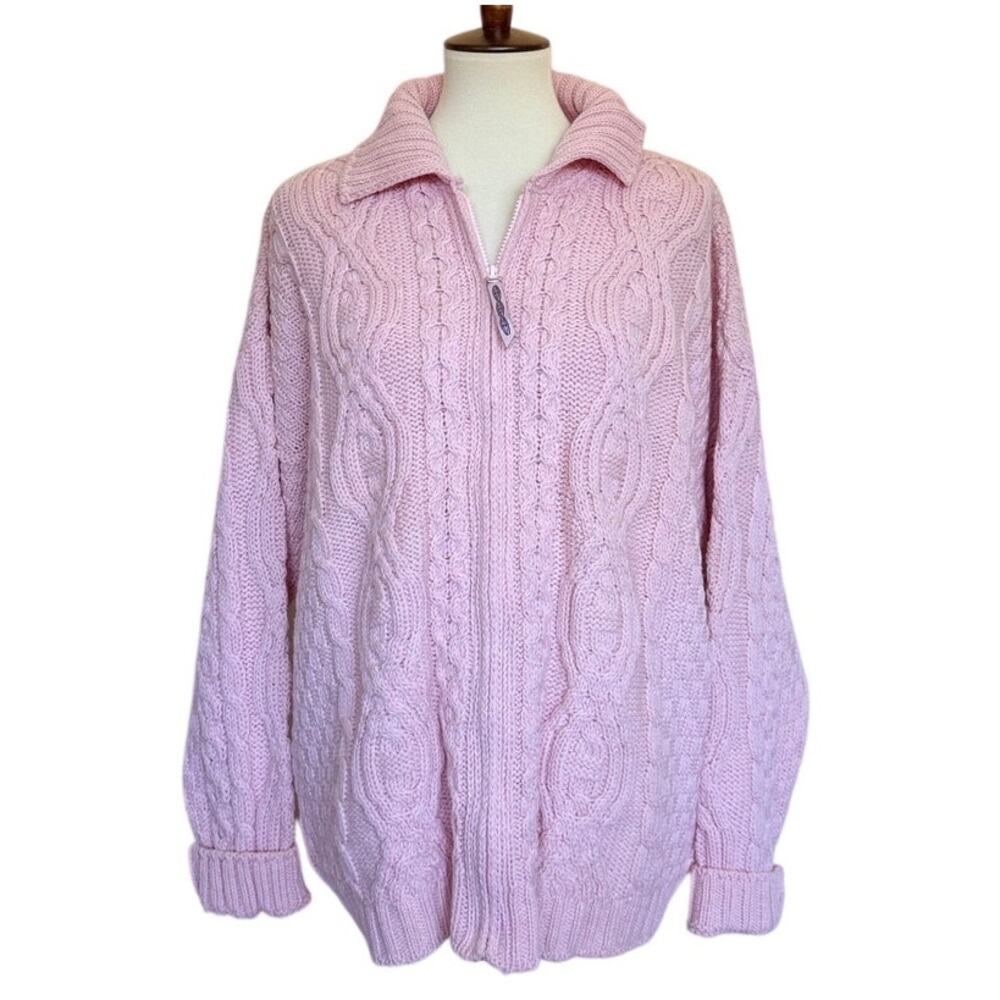 Aran Crafts Pink Merino Wool Full Zip Cardigan Sweater